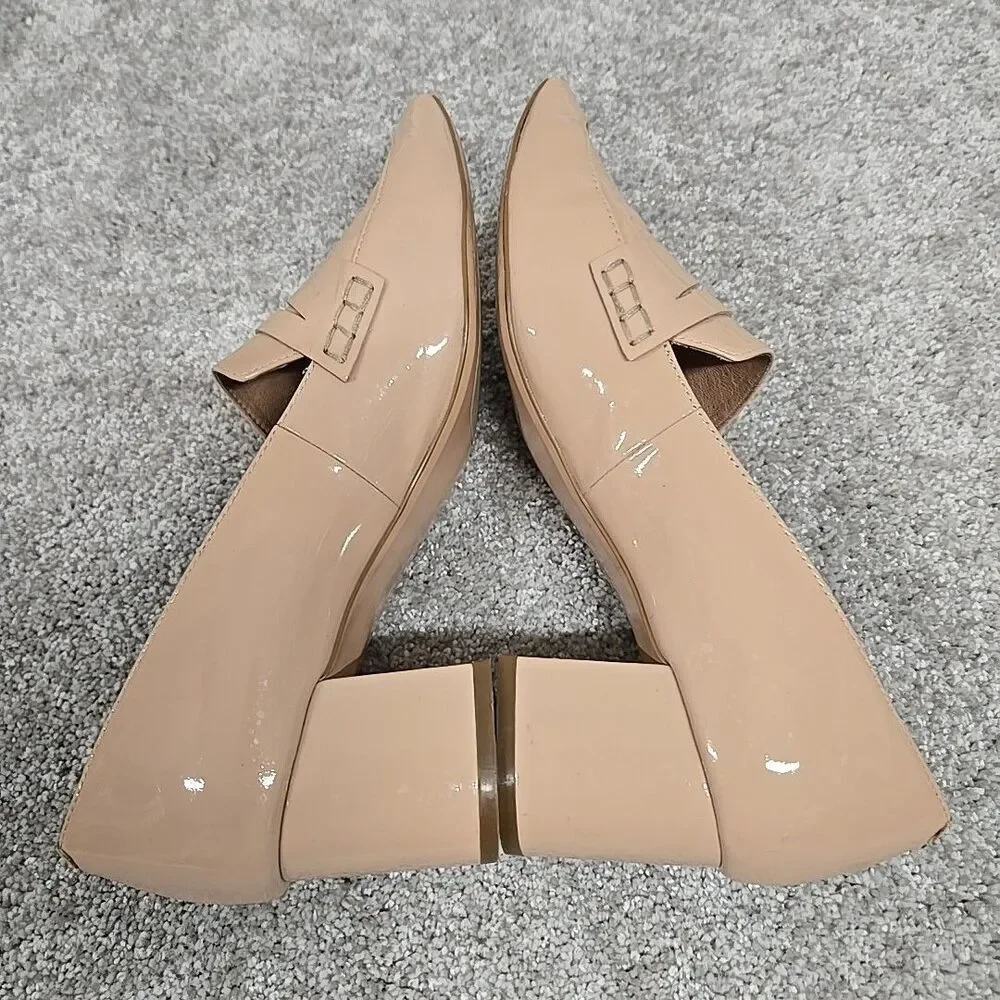 Halogen Loafers Heels Pointed Toe Slip On shoes Shiny Leather Beige Women's‎ 7.5